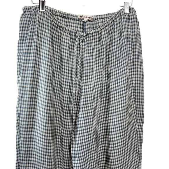 Reformation Olina Linen Pant Women Size L Blue Gingham Drawstring Elastic Waist - Picture 5 of 9